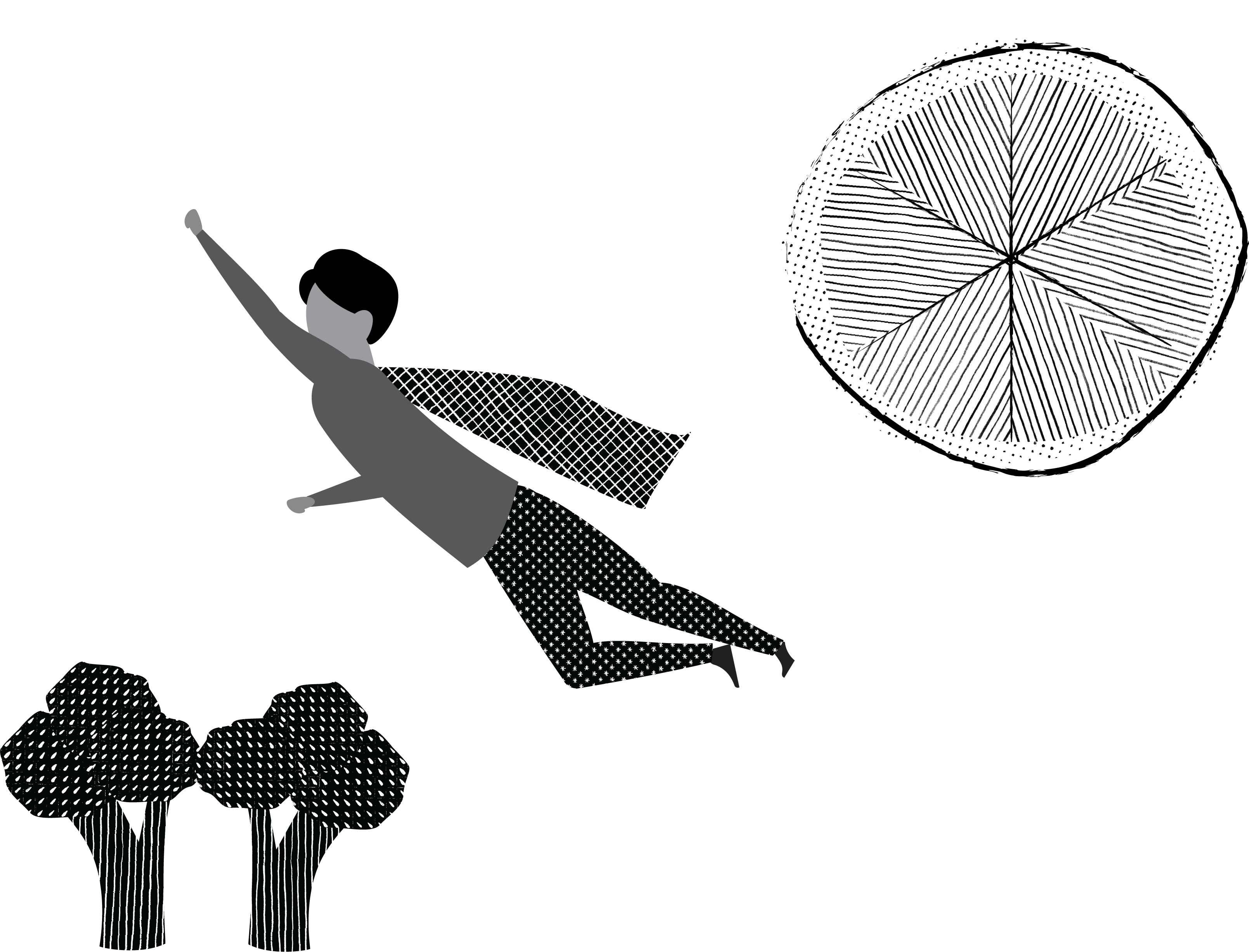Superhero child soars over backdrop of broccoli trees and citrus sun