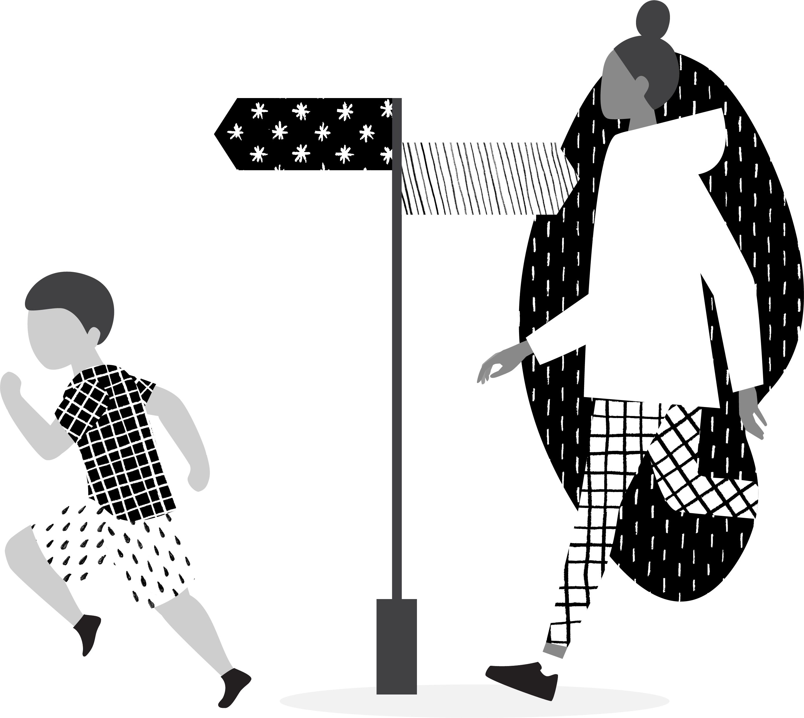 boy and girl walking out of hole, next to direction signs